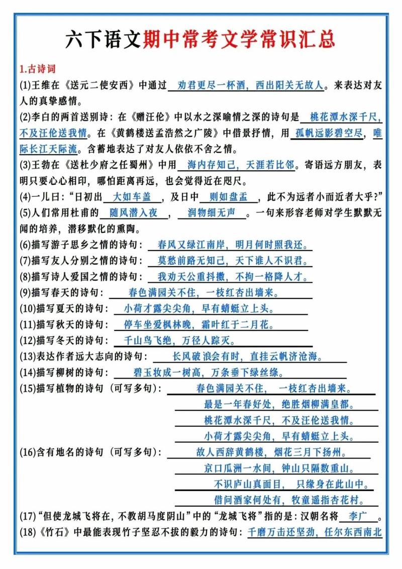 人教版六年级文学常识有哪些重点考点?如何高效掌握这些知识?-图1 人教版六年级文学常识有哪些重点考点?如何高效掌握这些知识?-图1